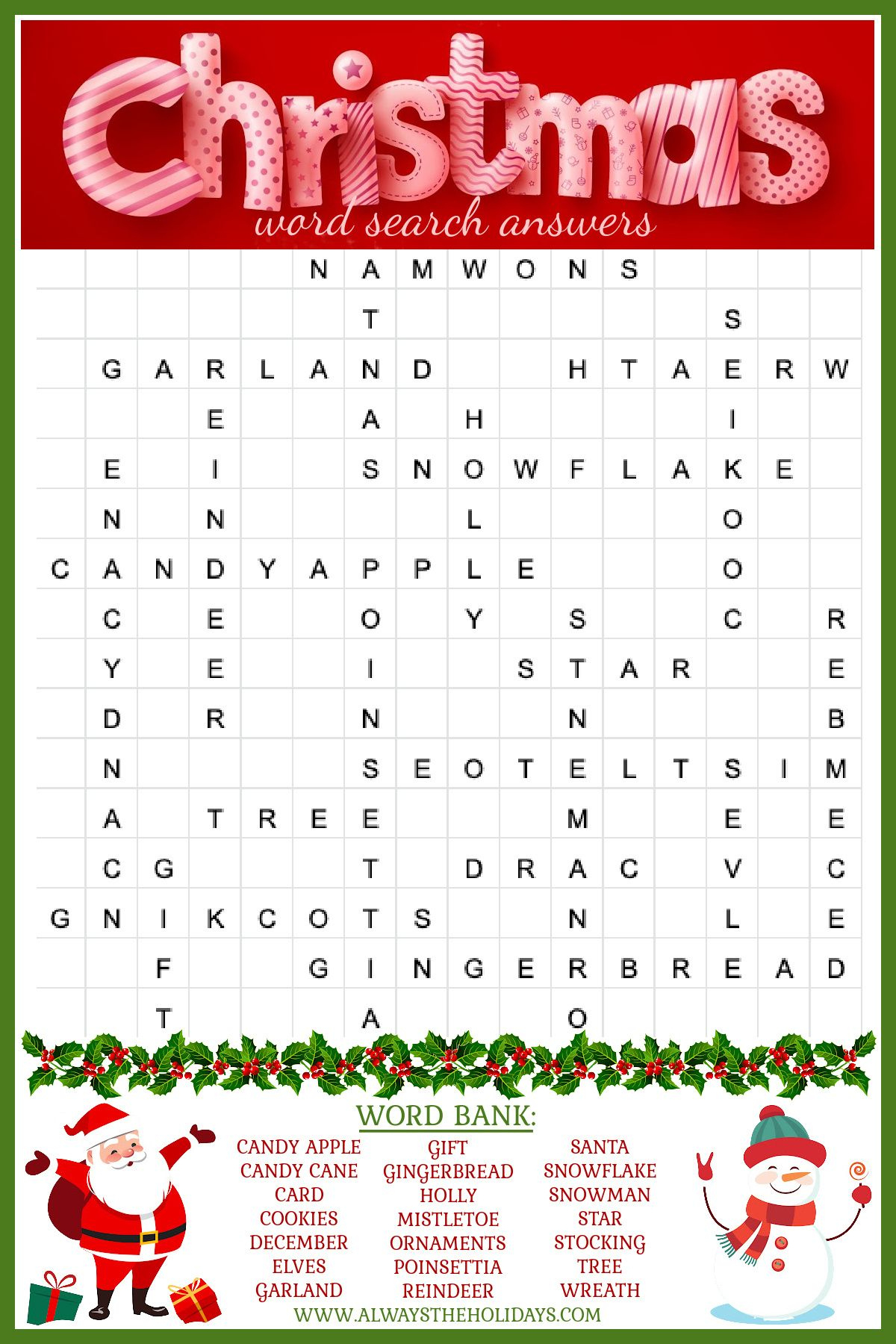 Free Christmas Word Search Printable - With Answer Key Included in Holiday Word Search Printable with Answers
