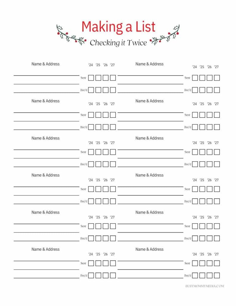 Free Printable Christmas Card Address List intended for Free Printable Christmas Card Address List