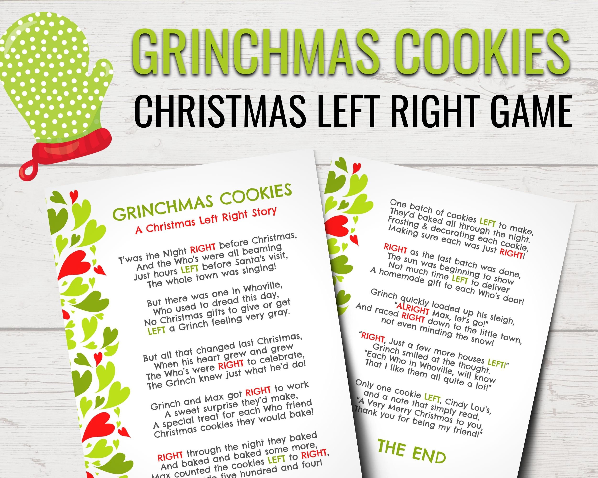 Grinchmas Cookies Christmas Left Right Game | Printable Grinch with Left Right Center Christmas Game Printable
