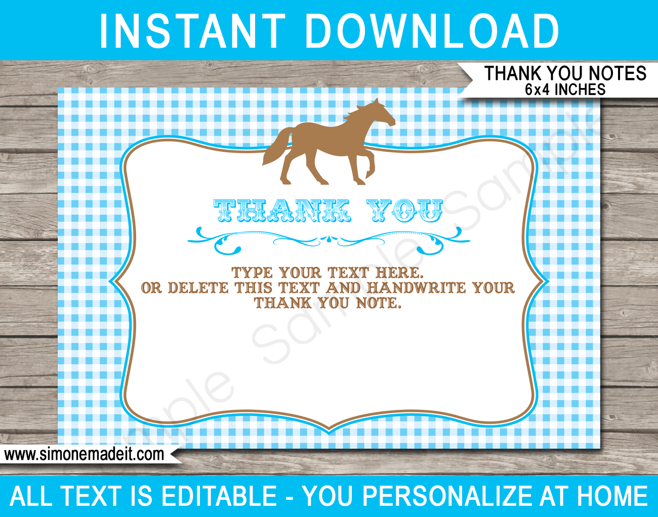 Horse Party Thank You Cards Template - Blue within Horse Thank You Cards Printable