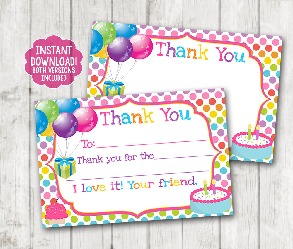 Instant Download Printable Birthday Thank You Cards, Balloons intended for Printable Free Thank You Cards For Birthday