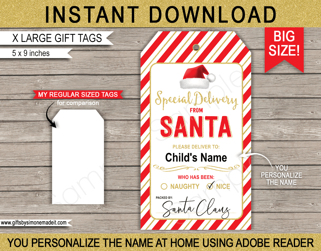 Large Santa Christmas Gift Tags - Red &amp;amp; Gold inside Large Printable Christmas Tags