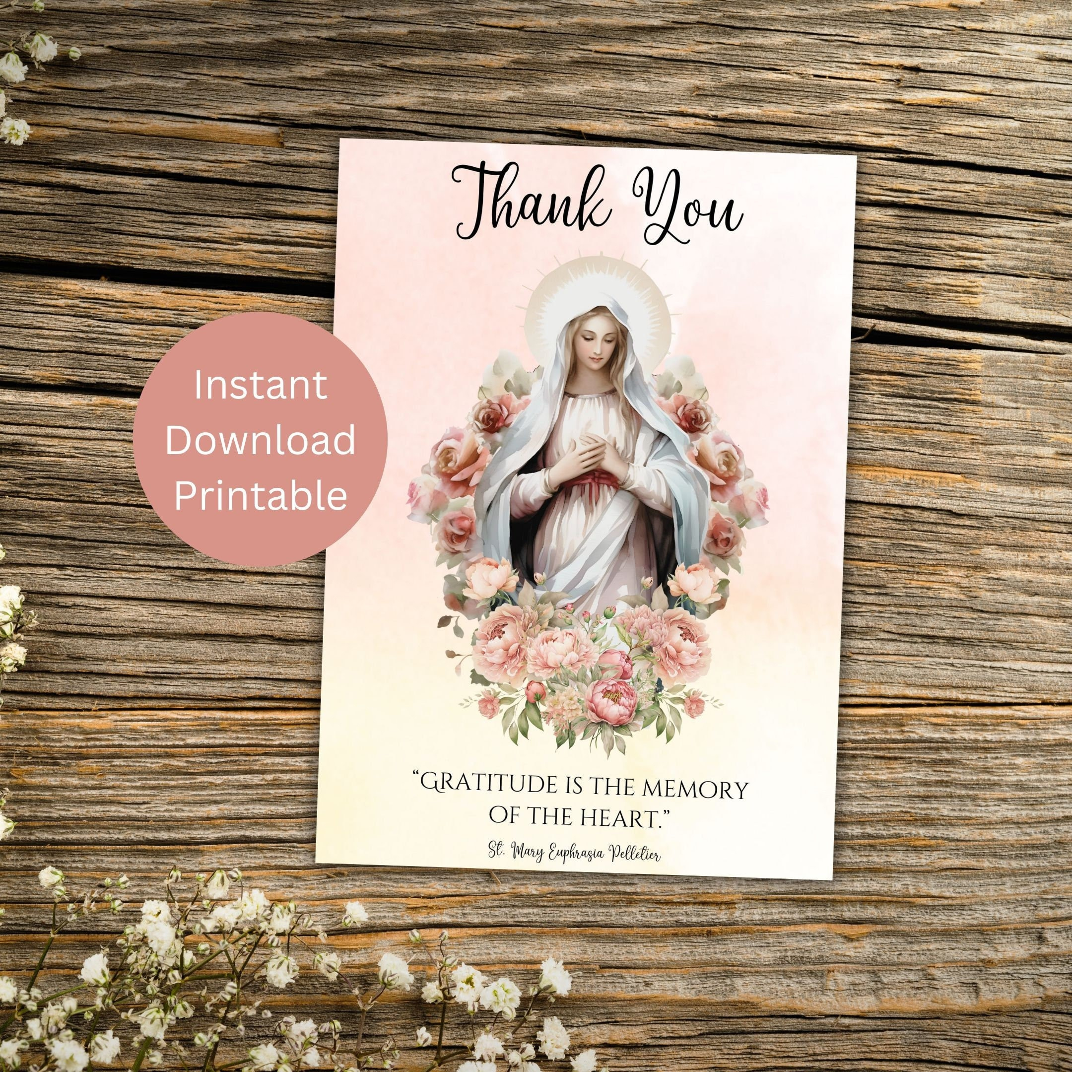 Printable Catholic Thank You Card, Virgin Mary Card, Saint Quote regarding Religious Thank You Cards Printable