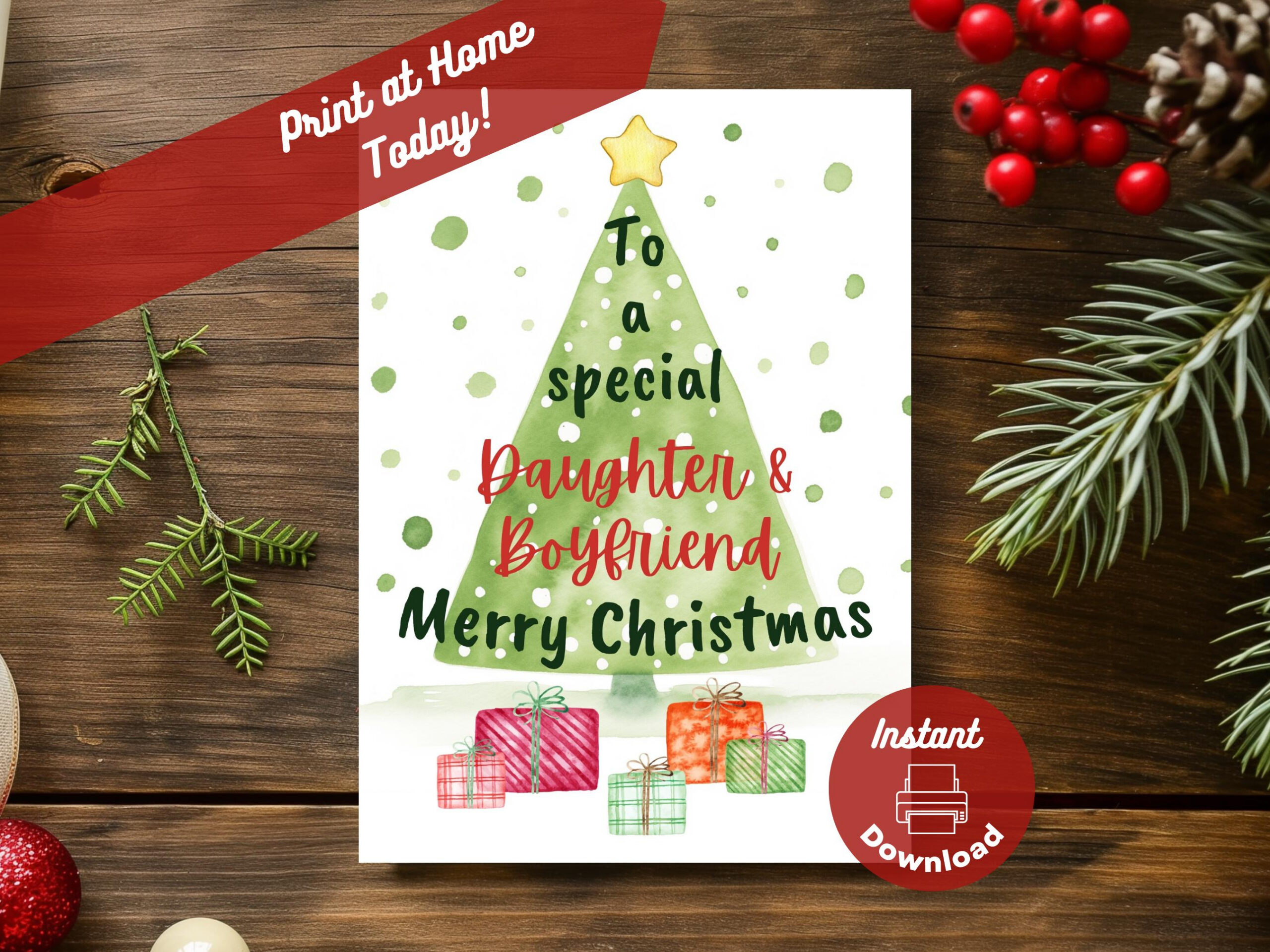 Printable Christmas Card For Daughter + Boyfriend, Instant Digital in Printable Christmas Card For Daughter