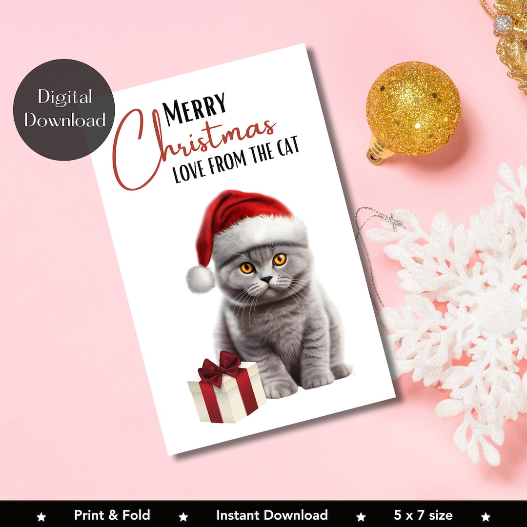 Printable Christmas Card From The Cat, Cat Greetings Card, Print throughout Printable Cat Christmas Card Digital Download