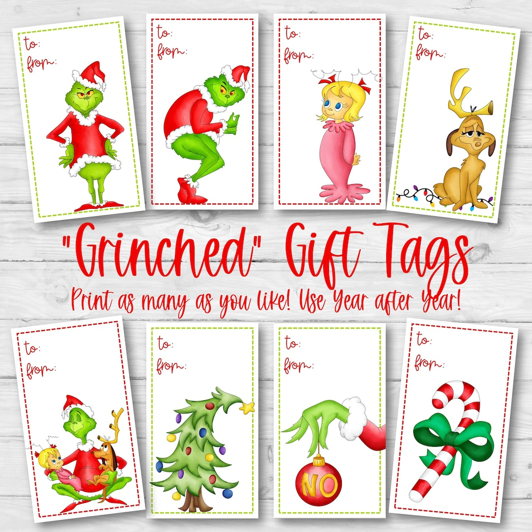 Printable Grinch Gift Tags, Grinch Christmas Gift Tags, 8 Designs in Printable Grinch Christmas Tags