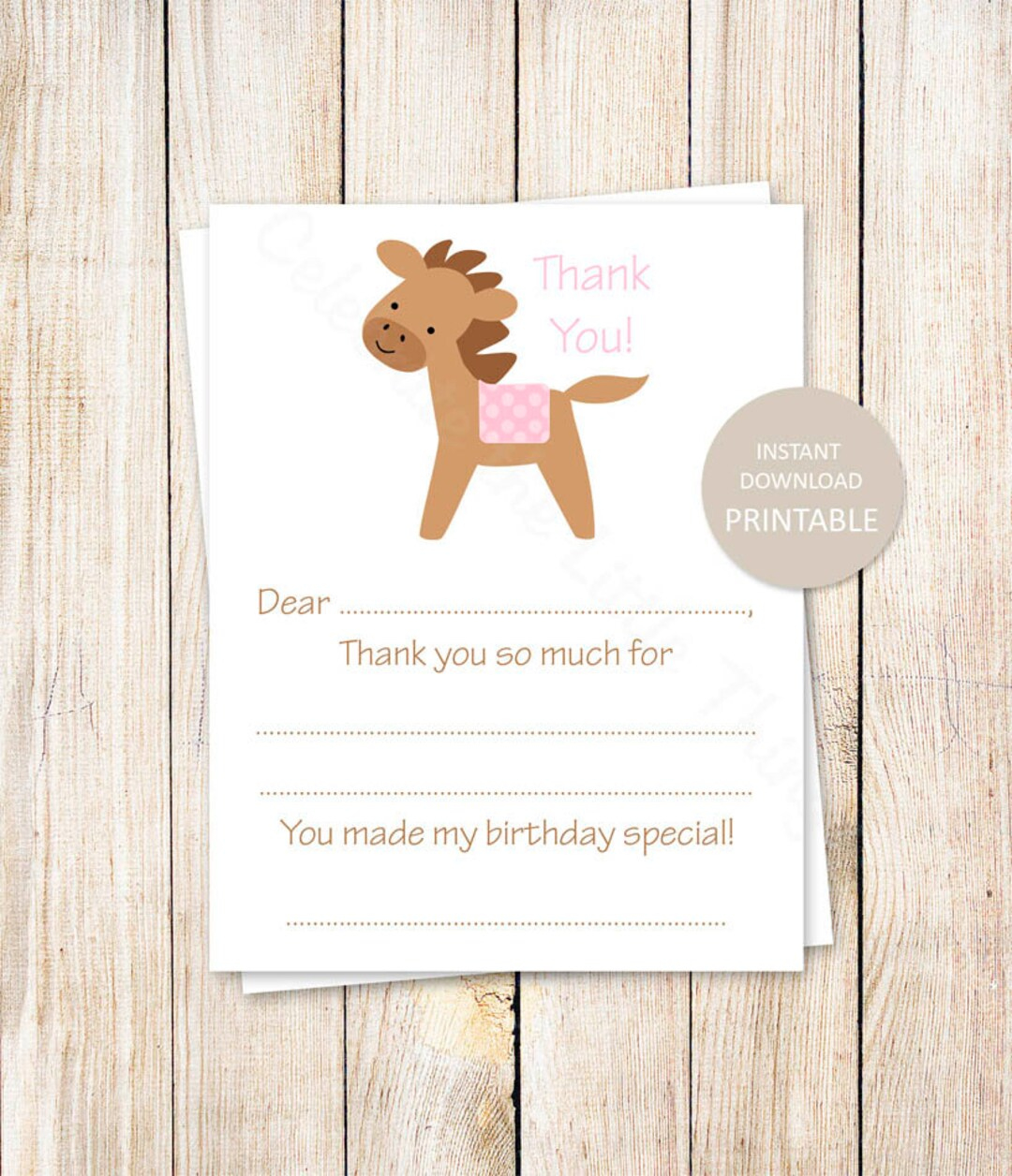Printable Horse Thank You Cards: Girls Birthday, Pink Pony in Horse Thank You Cards Printable