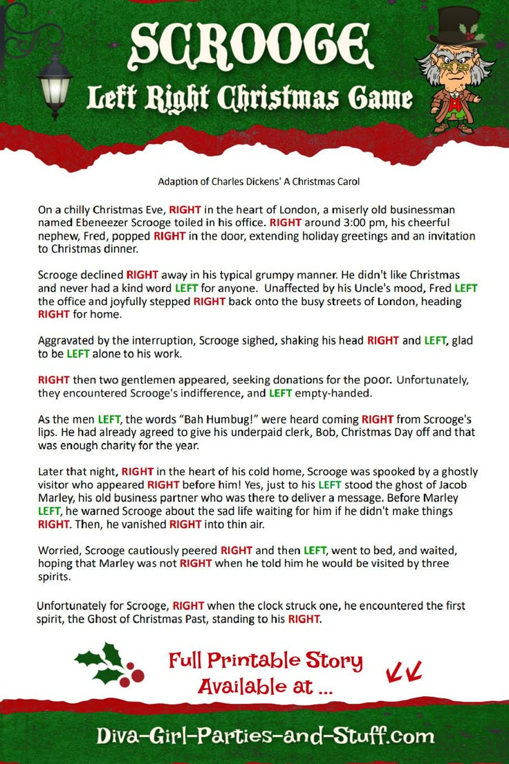 Printable Left Right Christmas Game Story Of Scrooge in Funny Left Right Christmas Game Printable