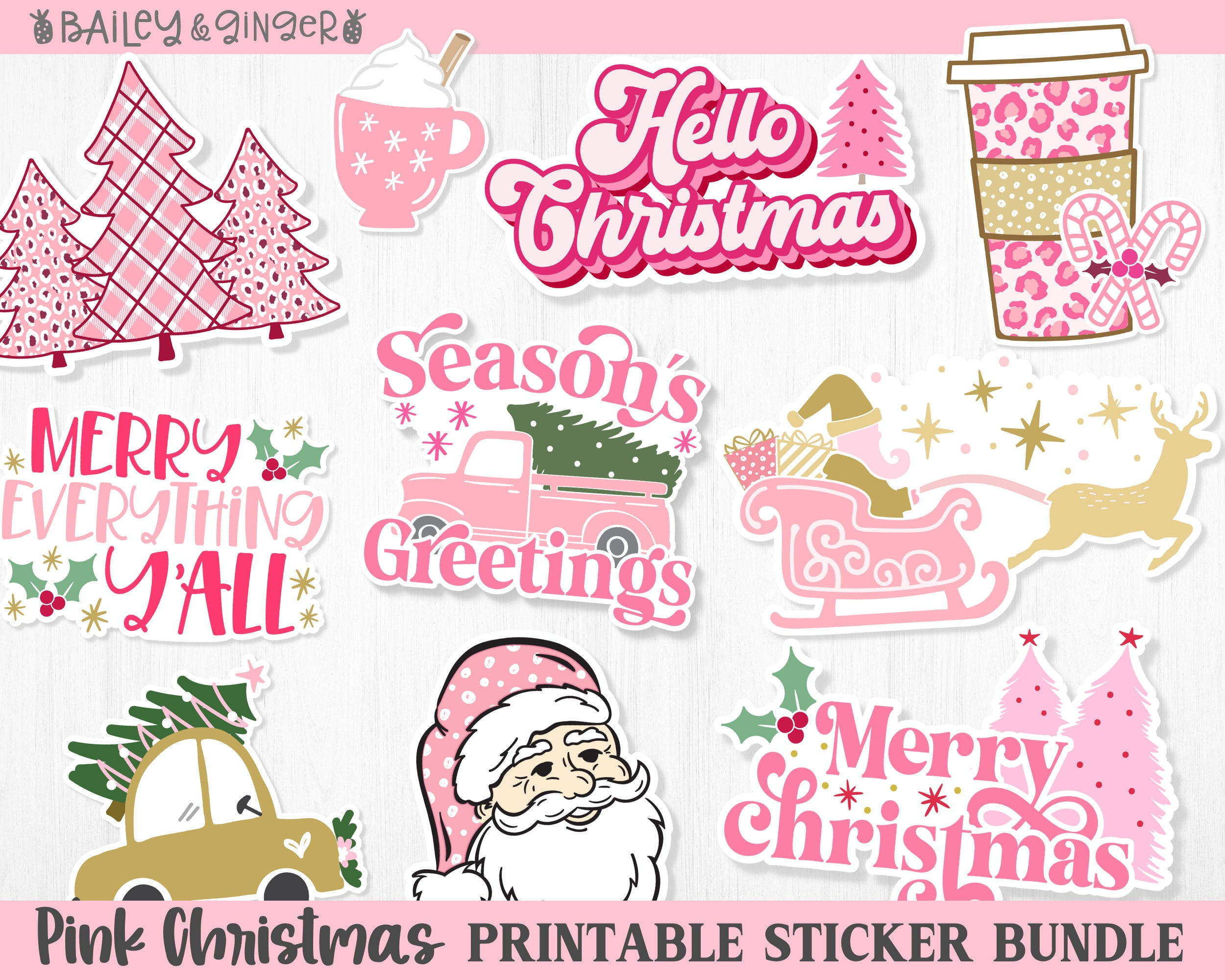 Printable Pink Christmas Sticker Bundle - Digital Png Stickers for Christmas Printable Stickers