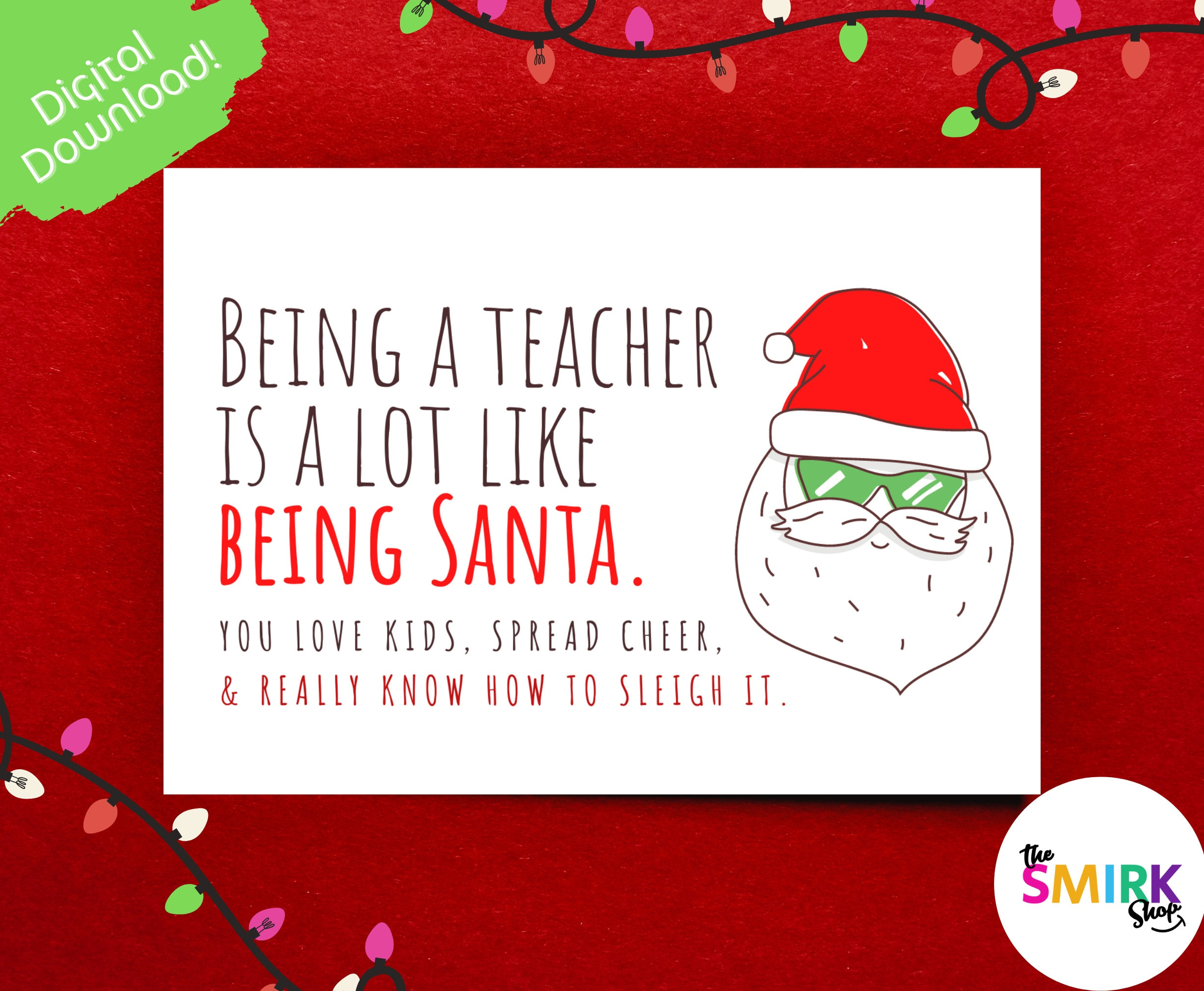 Printable Teacher Christmas Card: Santa Design (Digital Download regarding Printable Christmas Card For Teacher