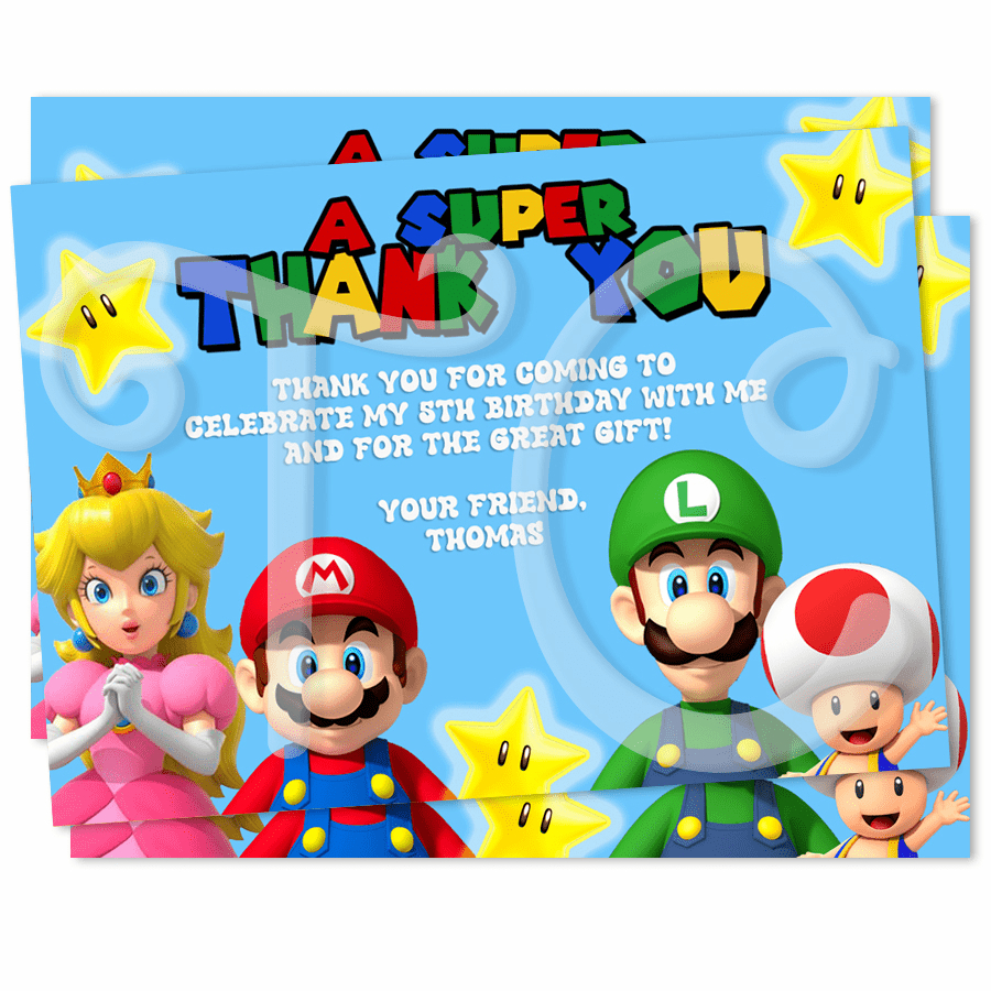 Super Mario Bros Flat Thank You Cards Video Game Diy File Printed in Mario Thank You Cards Printable
