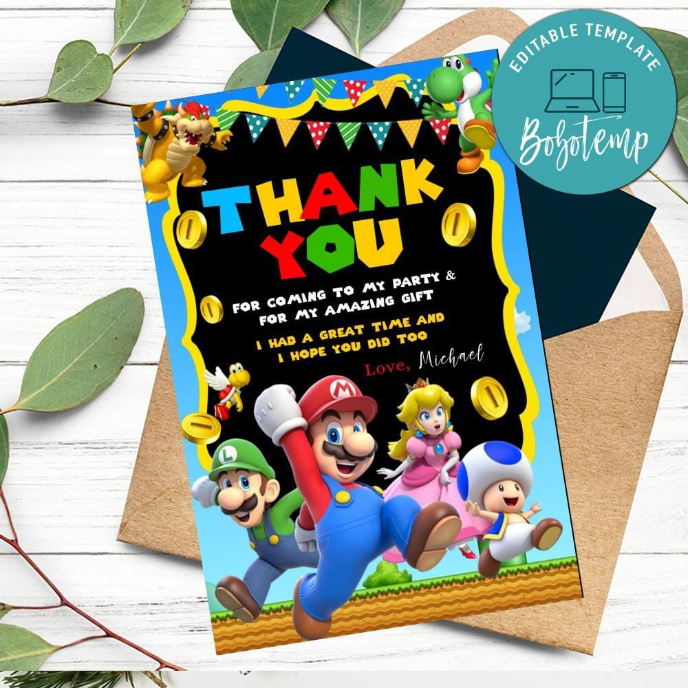 Super Mario Thank You Card Customizable Template Diy | Bobotemp within Mario Thank You Cards Printable