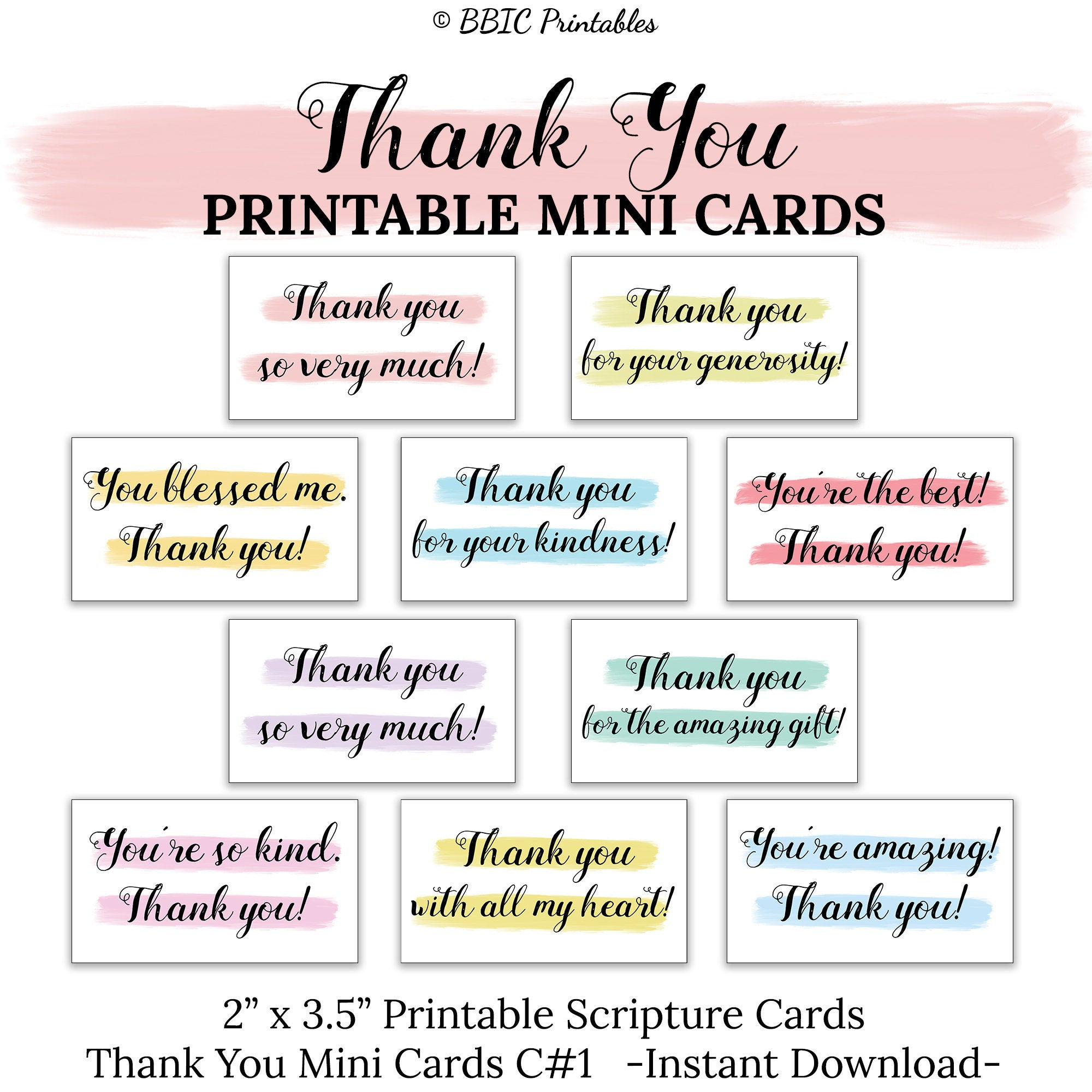 Thank You Printable Mini Cards -C1- Instant Download, Watercolor in Thank You Note Cards Free Printable Small