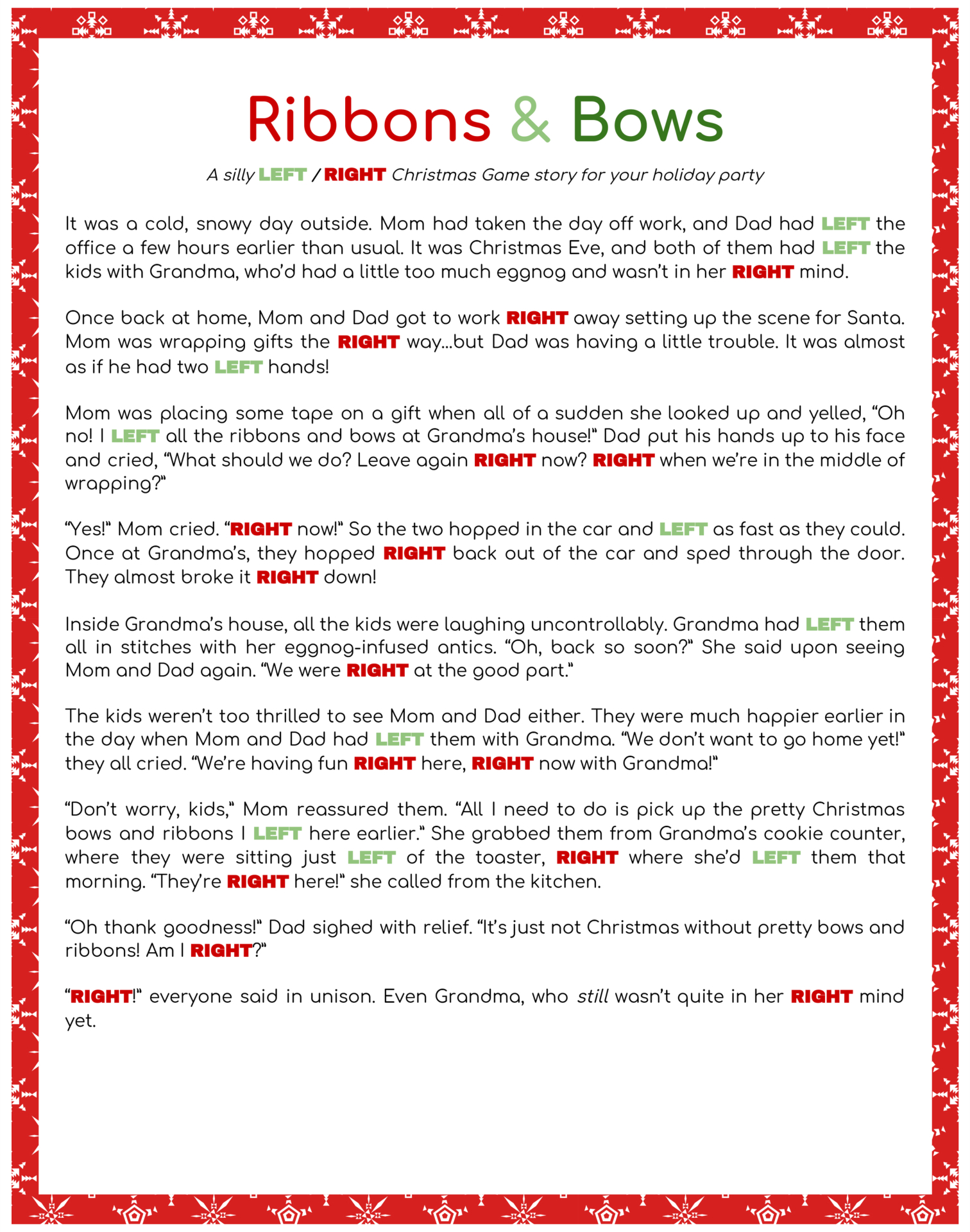 The Left Right Christmas Story regarding Christmas Story Left And Right Game Printable