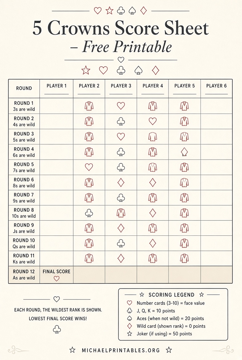 Free Printable 5 Crowns Score Sheet PDF (4)