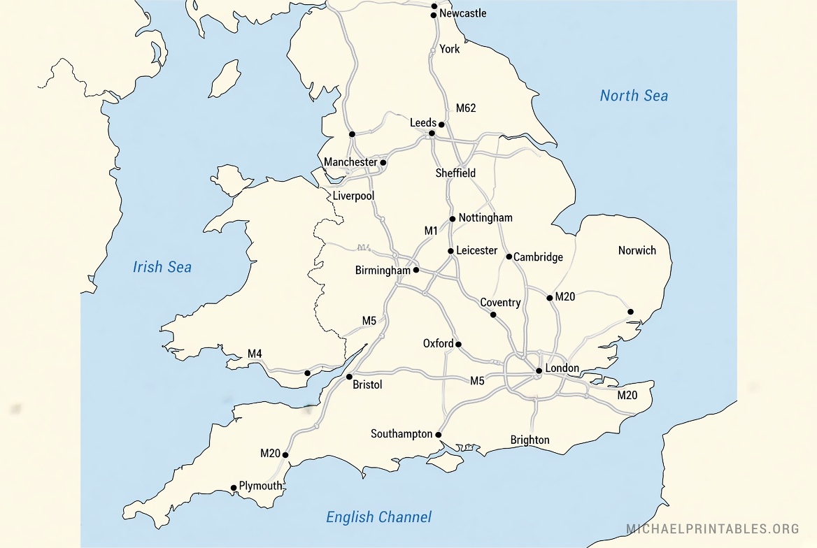 Free Printable England Map with Towns & Cities