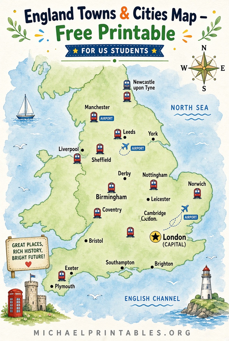 Free Printable England Map with Towns & Cities
