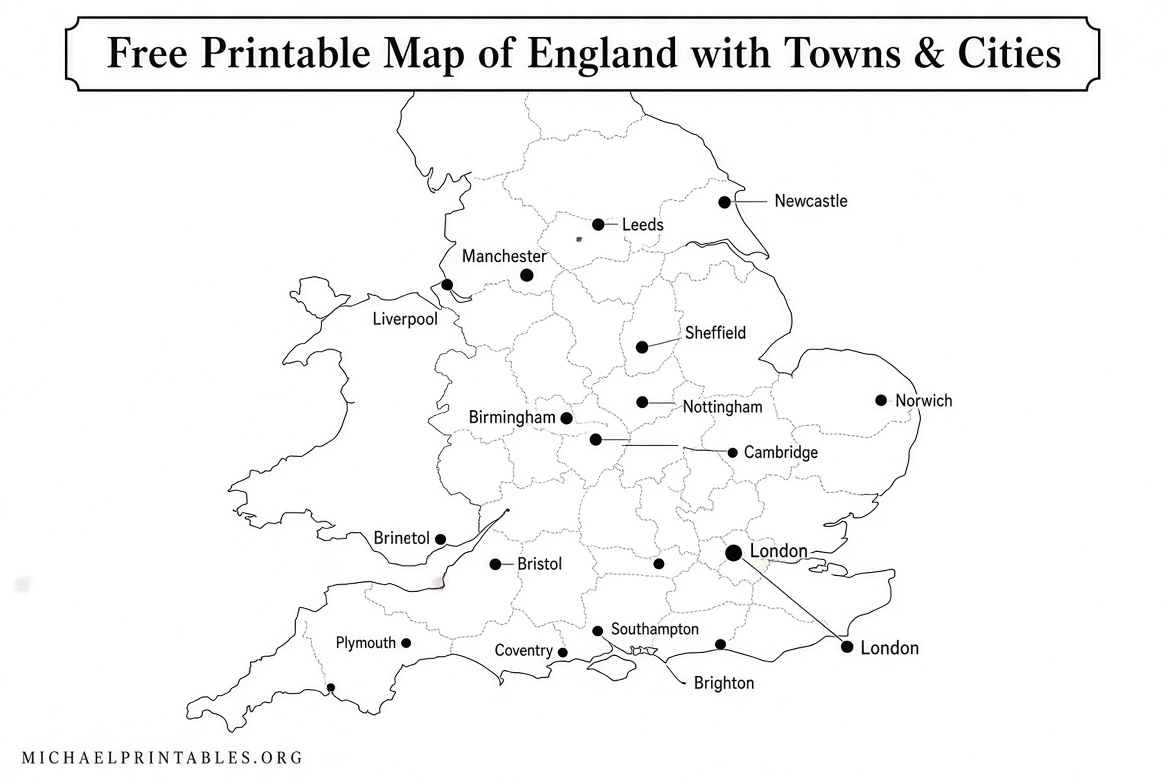 Free Printable England Map with Towns & Cities
