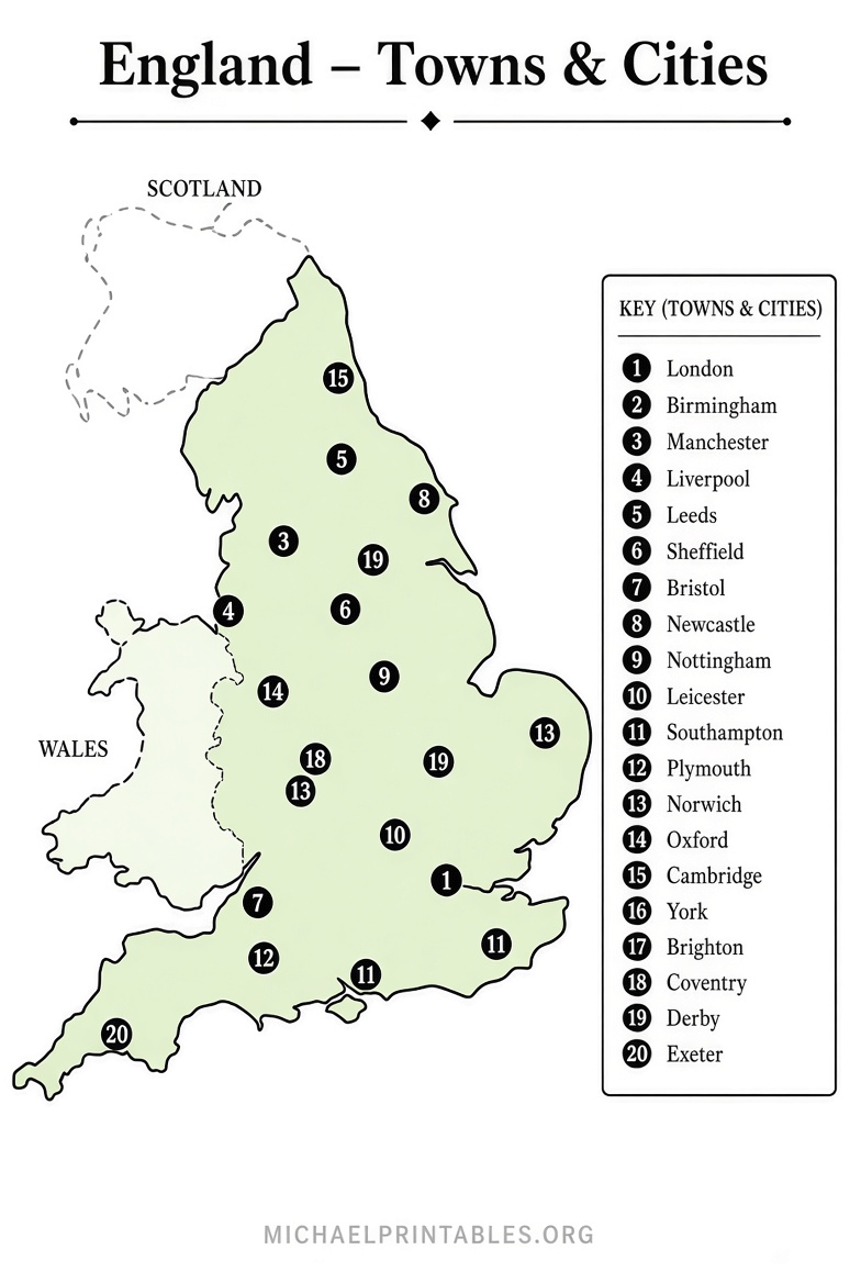 Free Printable England Map with Towns & Cities