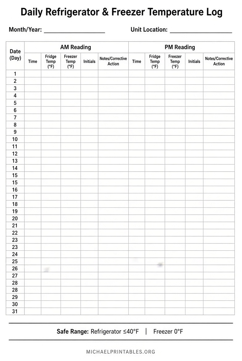 Free Printable Fridge & Freezer Temp Log Sheet