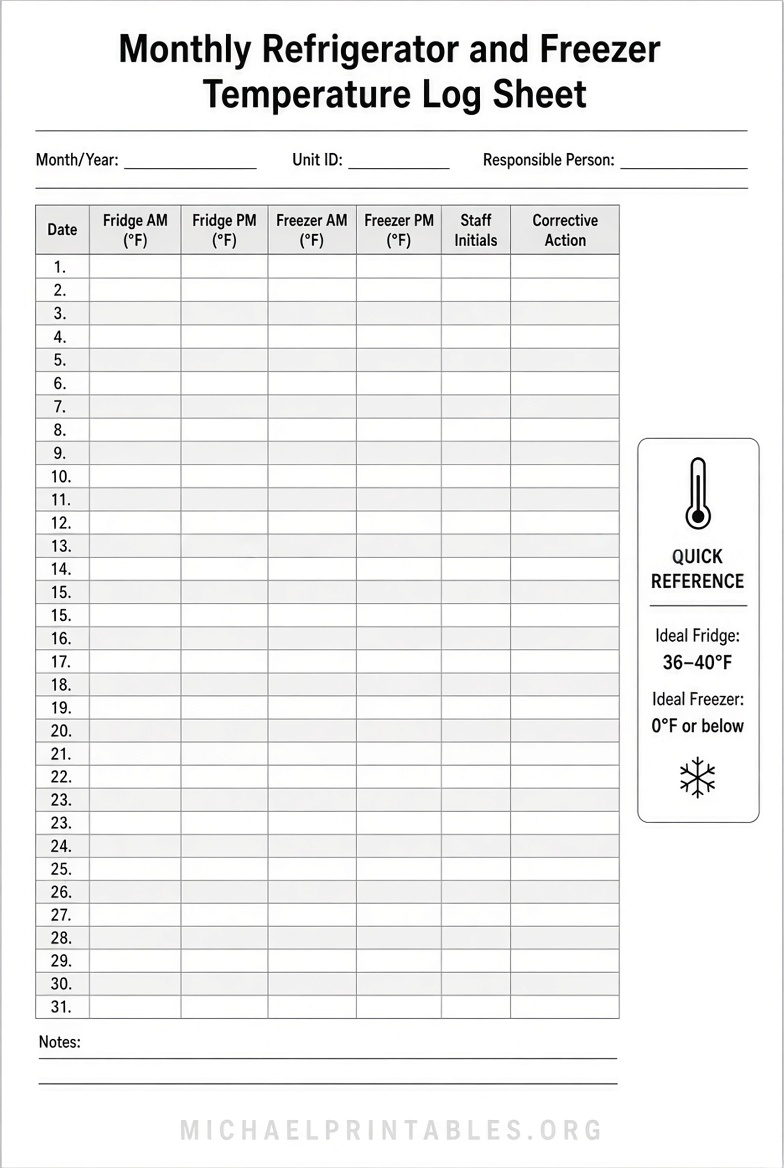 Free Printable Fridge & Freezer Temp Log Sheet