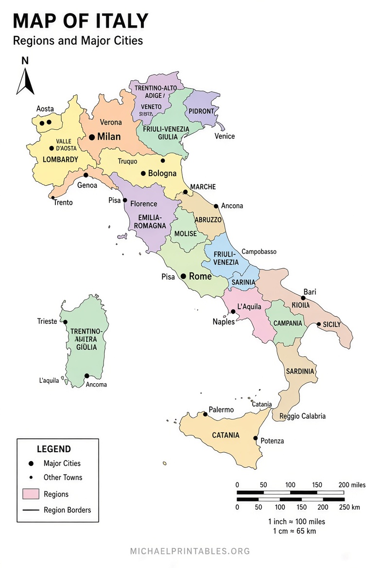 Free Printable Map of Italy with Cities & Towns