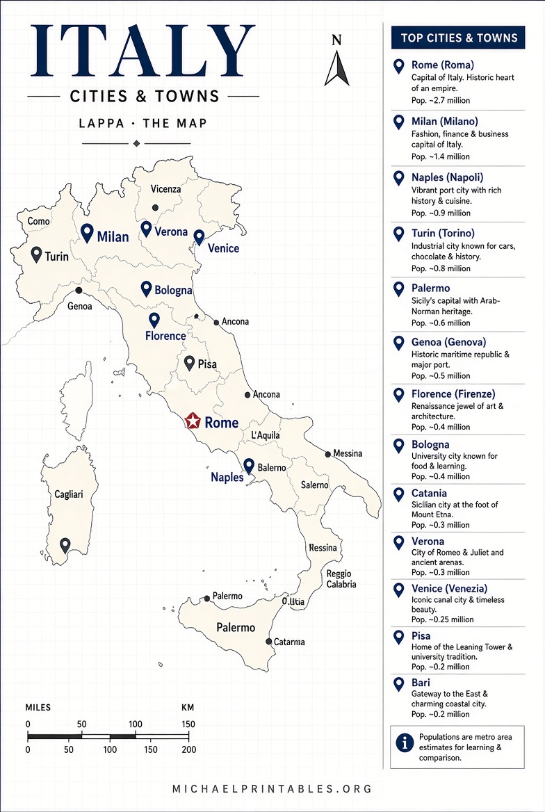 Free Printable Map of Italy with Cities & Towns