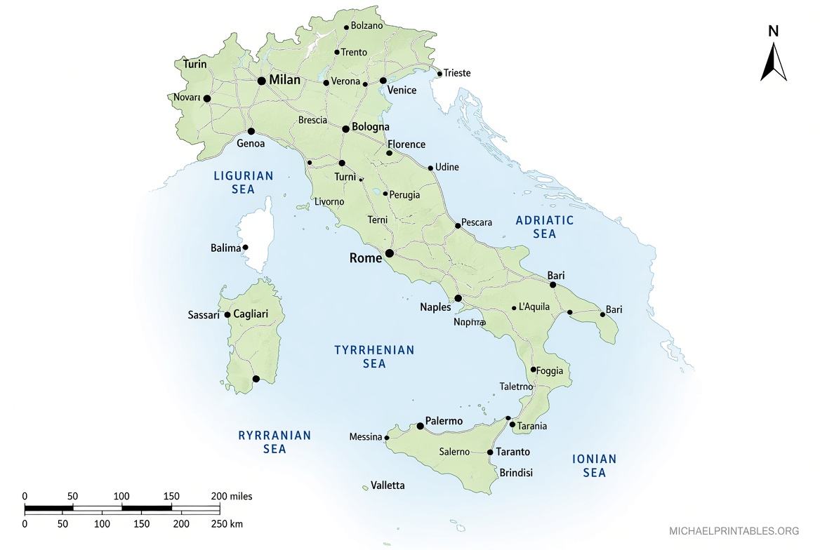 Free Printable Map of Italy with Cities & Towns