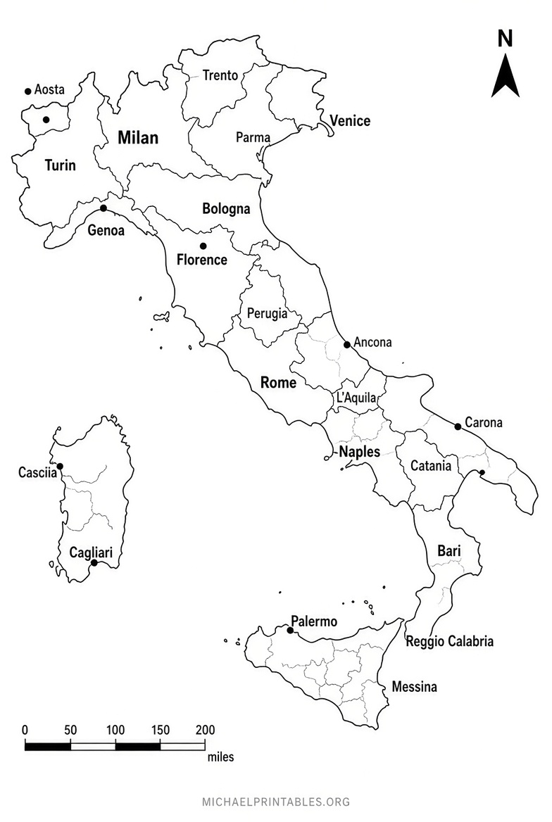 Free Printable Map of Italy with Cities & Towns