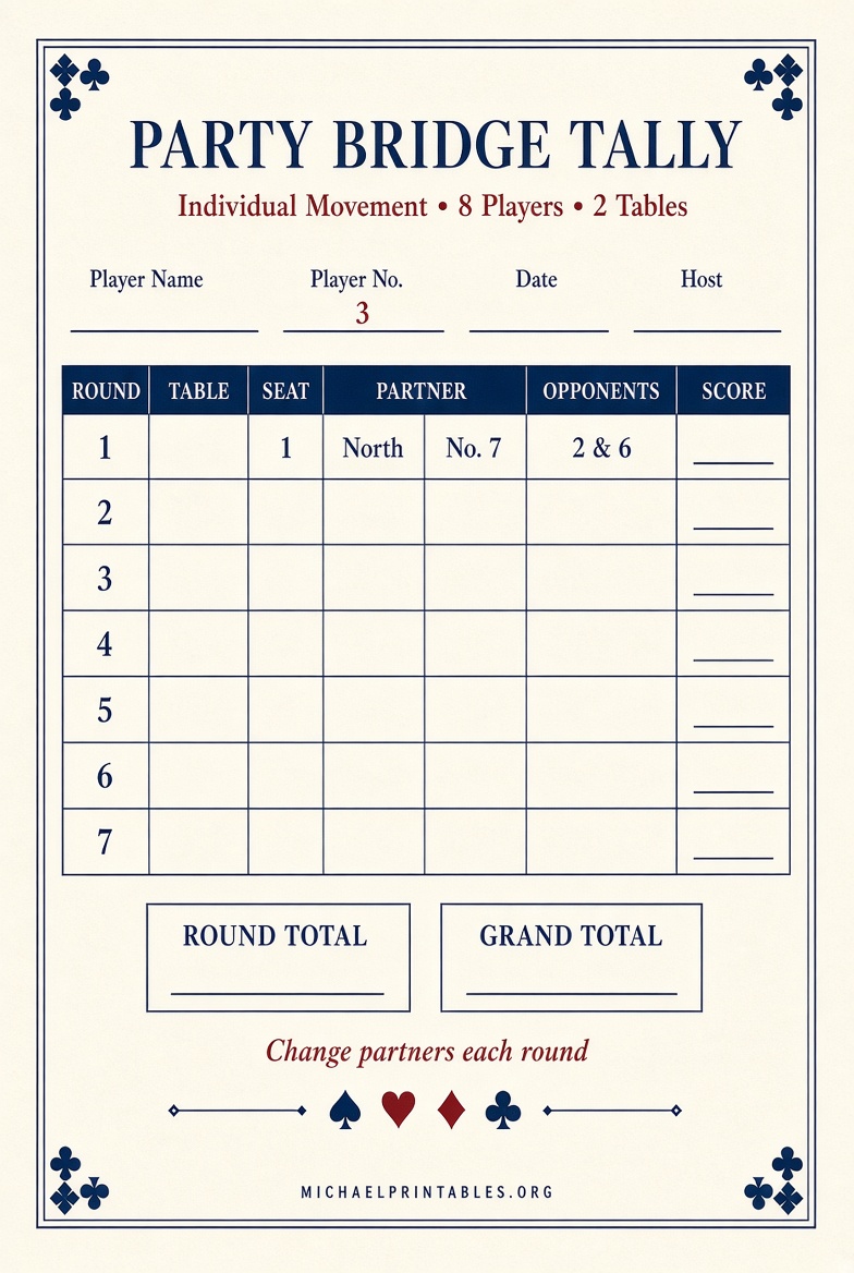 Free Printable Party Bridge Tallies