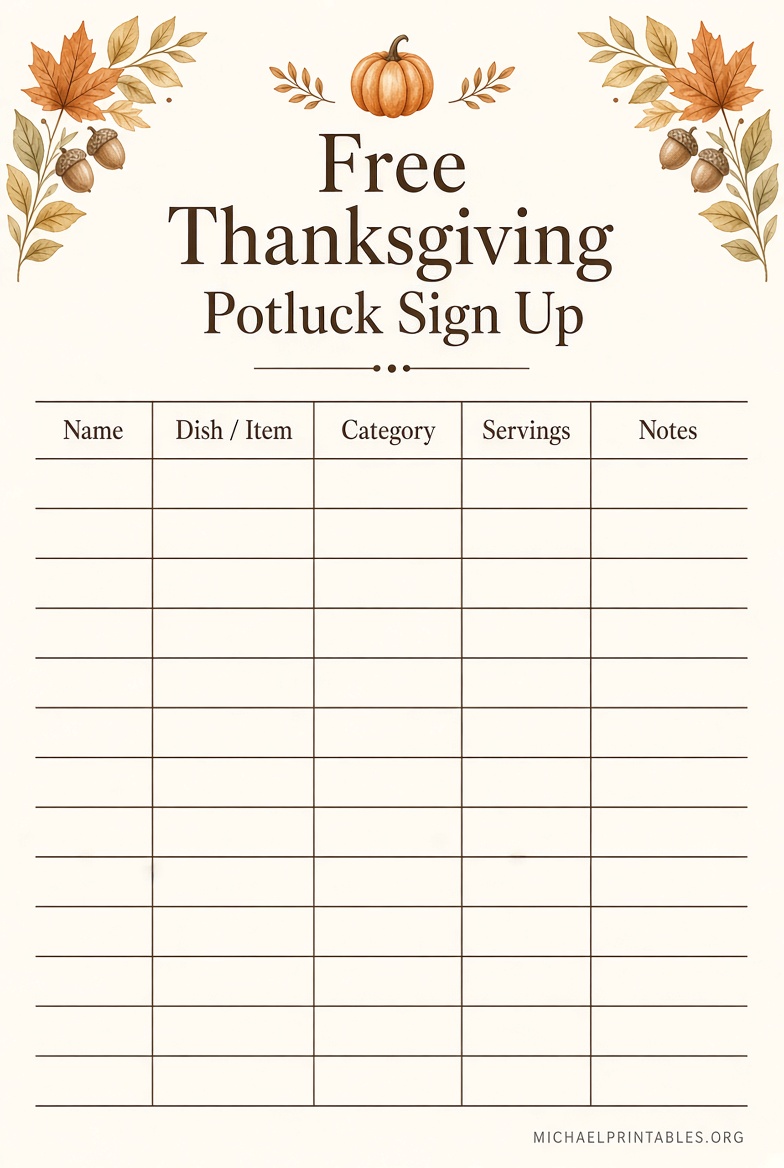 Free Printable Thanksgiving Potluck Sign Up Sheet