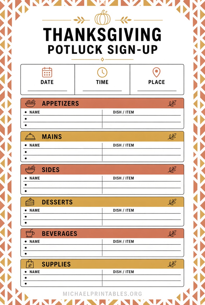 Free Printable Thanksgiving Potluck Sign Up Sheet