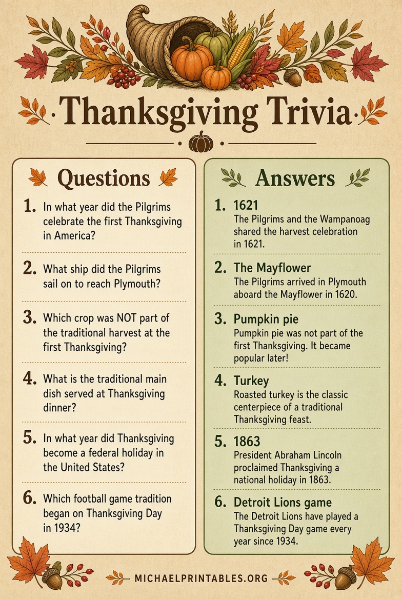 Free Printable Thanksgiving Trivia Questions & Answers