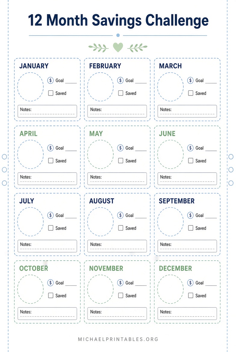 Free 12-Month Savings Challenge Printable