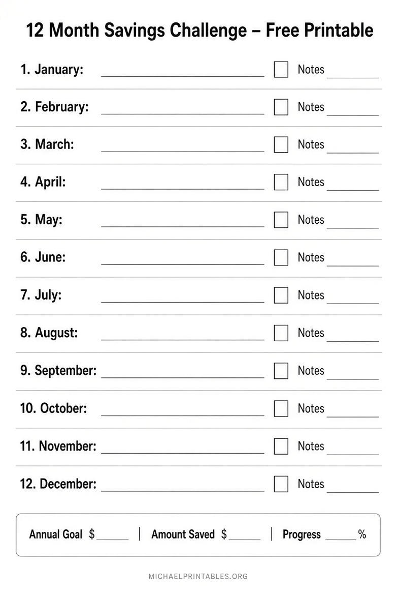 Free 12-Month Savings Challenge Printable