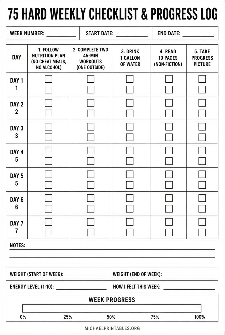 Free 75 Hard Challenge Printable PDF Download