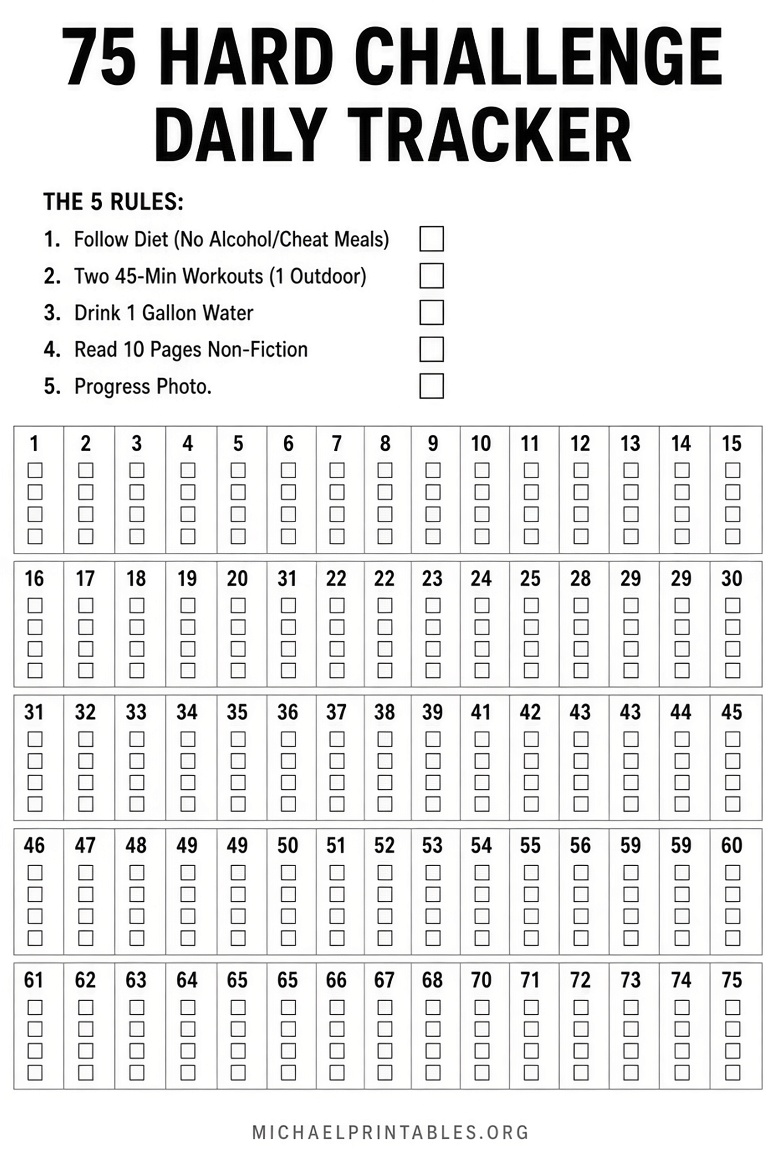 Free 75 Hard Challenge Printable PDF Download