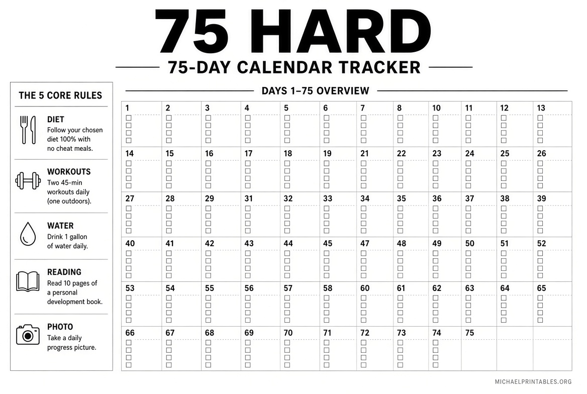 Free 75 Hard Challenge Printable PDF Download