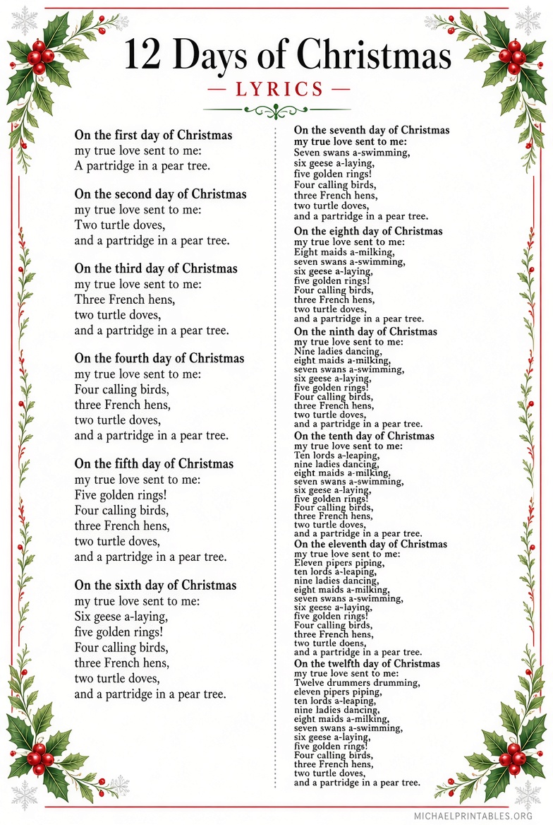 Free Printable 12 Days of Christmas Lyrics PDF