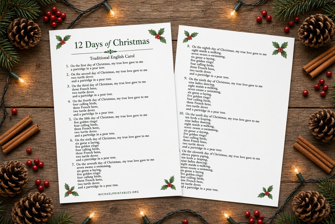 Free Printable 12 Days of Christmas Lyrics PDF