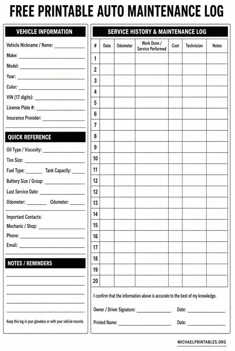 Free Printable Auto Maintenance Log
