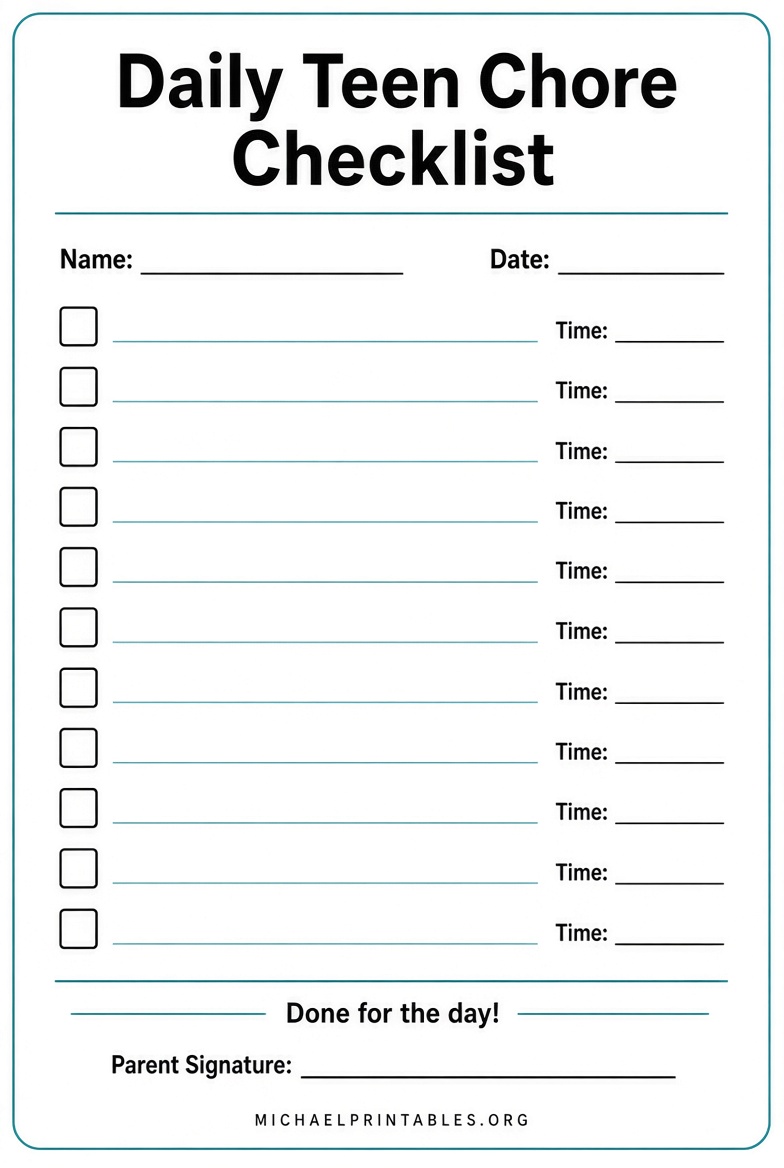 Free Printable Chore Charts for Teens