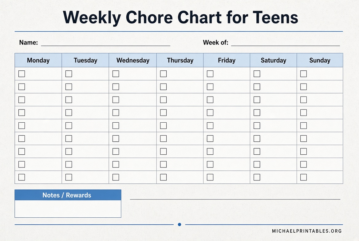 Free Printable Chore Charts for Teens