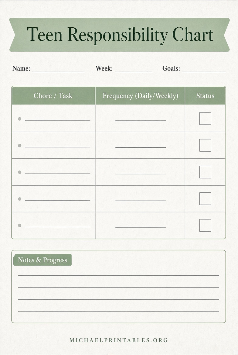 Free Printable Chore Charts for Teens
