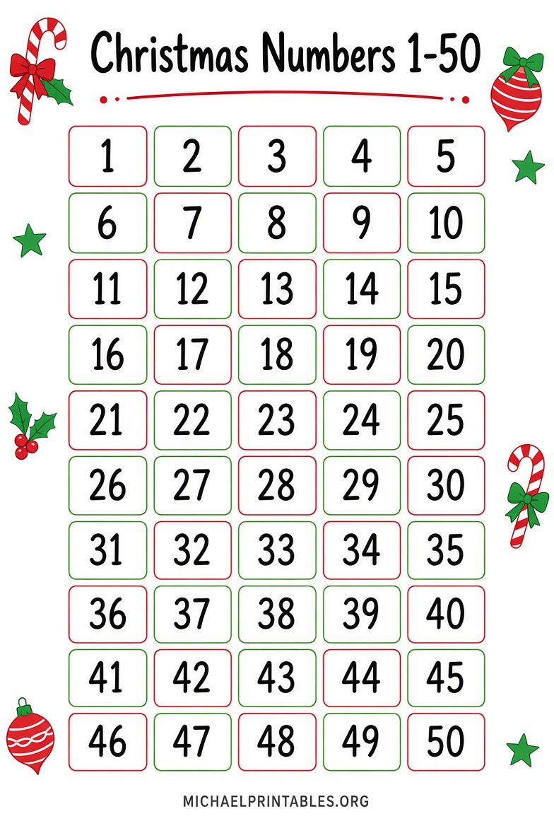 Free Printable Christmas Numbers 1-50 PDFs
