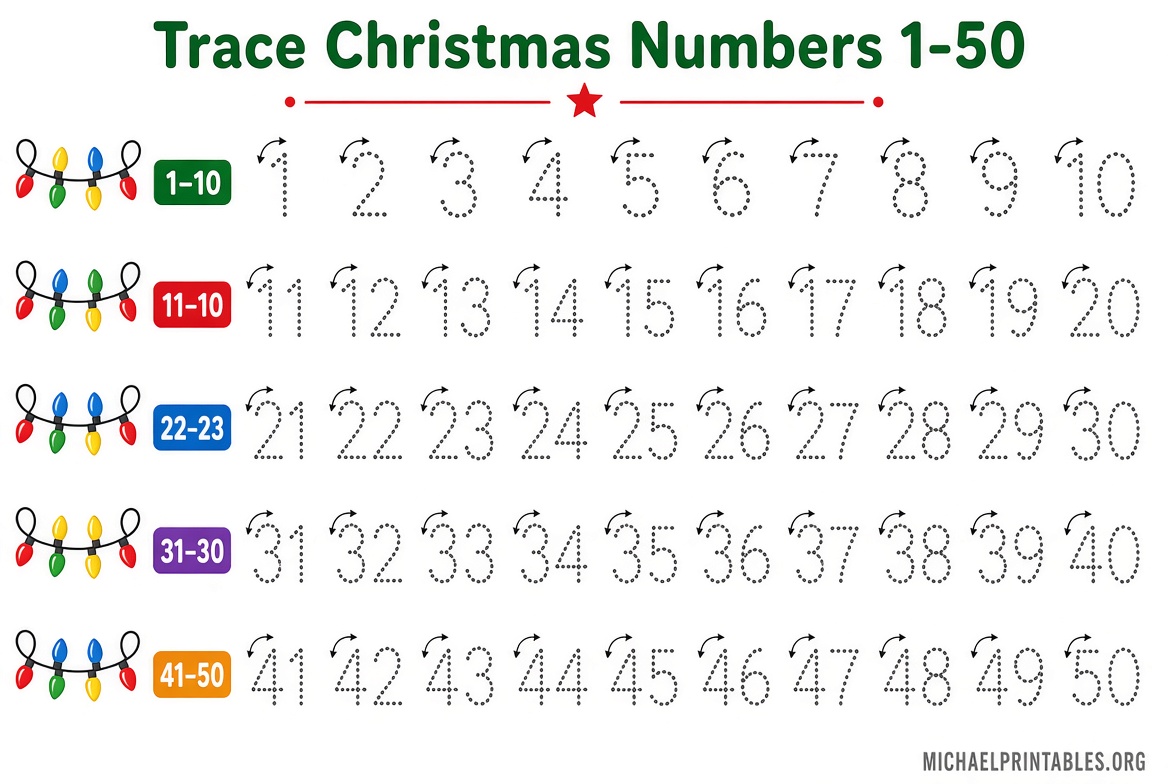 Free Printable Christmas Numbers 1-50 PDFs