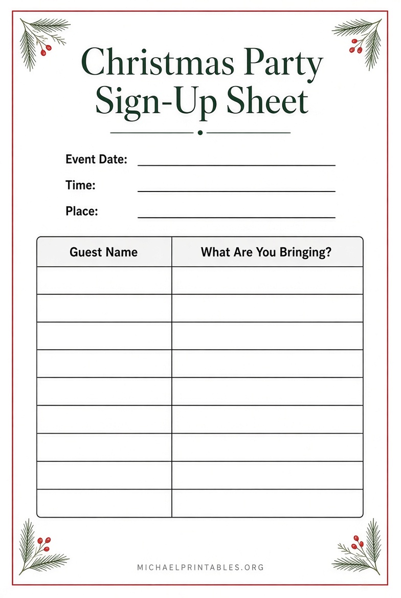 Free Printable Christmas Party Sign Up Sheet