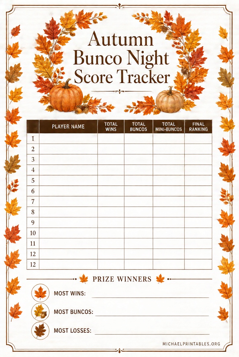 Free Printable Fall Bunco Score Sheets
