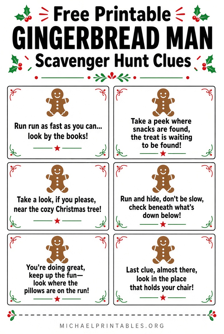 Free Printable Gingerbread Man Scavenger Hunt Clues
