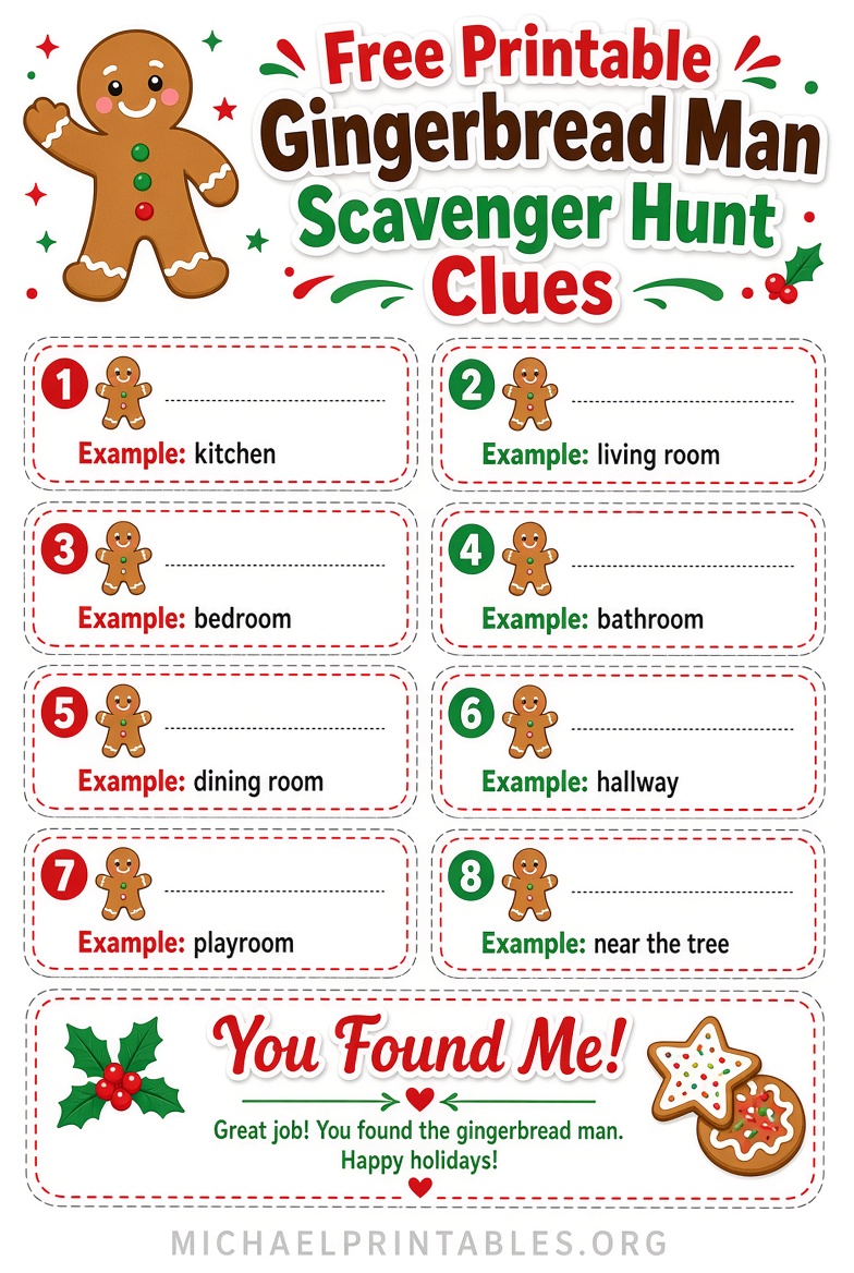 Free Printable Gingerbread Man Scavenger Hunt Clues